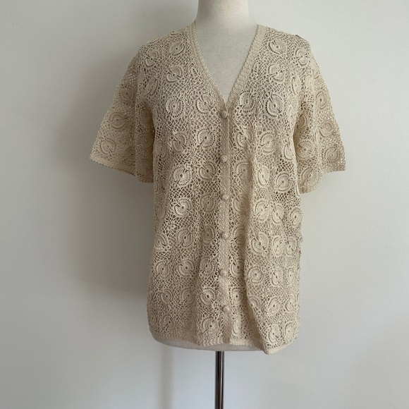Vintage 1970s Hand Crocheted Open Knit Button Front Short Sleeve Cardigan Top M? - Picture 1 of 12